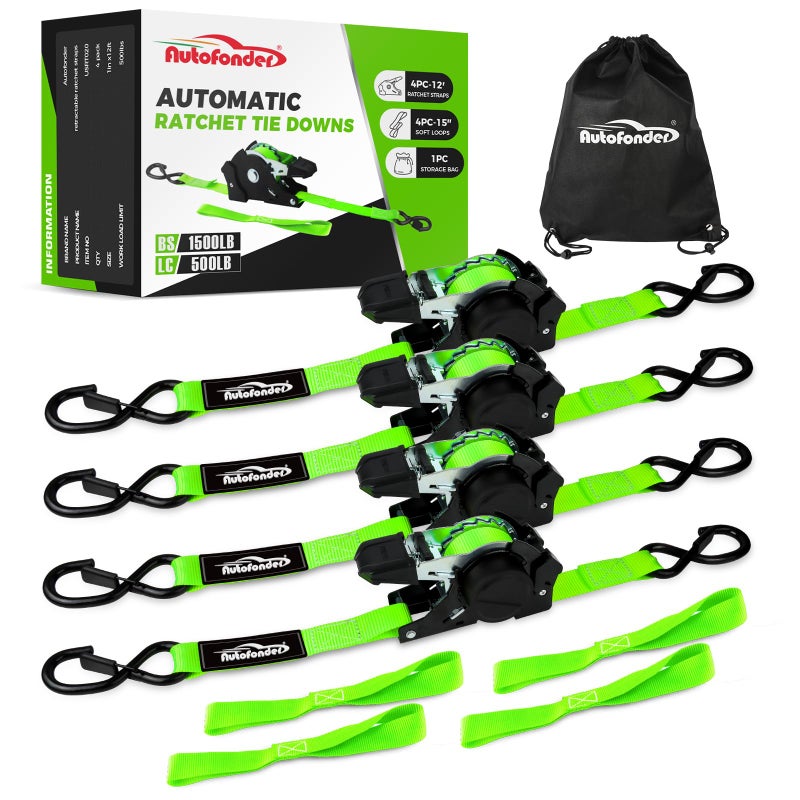 Autofonder Retractable Ratchet Straps with Soft Loops(4 Pack)-(1 500lb Break Strength) -1 Inch x 12 Feet Heavy Duty Auto Self Retracting Tie Down Strap for Truck  Cargo Trailer  Motorcycle  Rad & More - Image 1